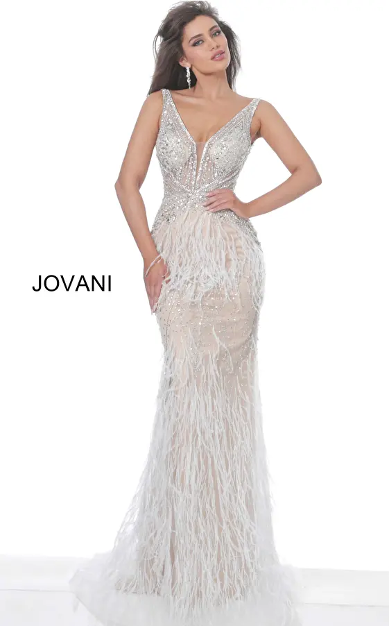 Jovani 03023 Off White Plunging Neck Embellished Dress